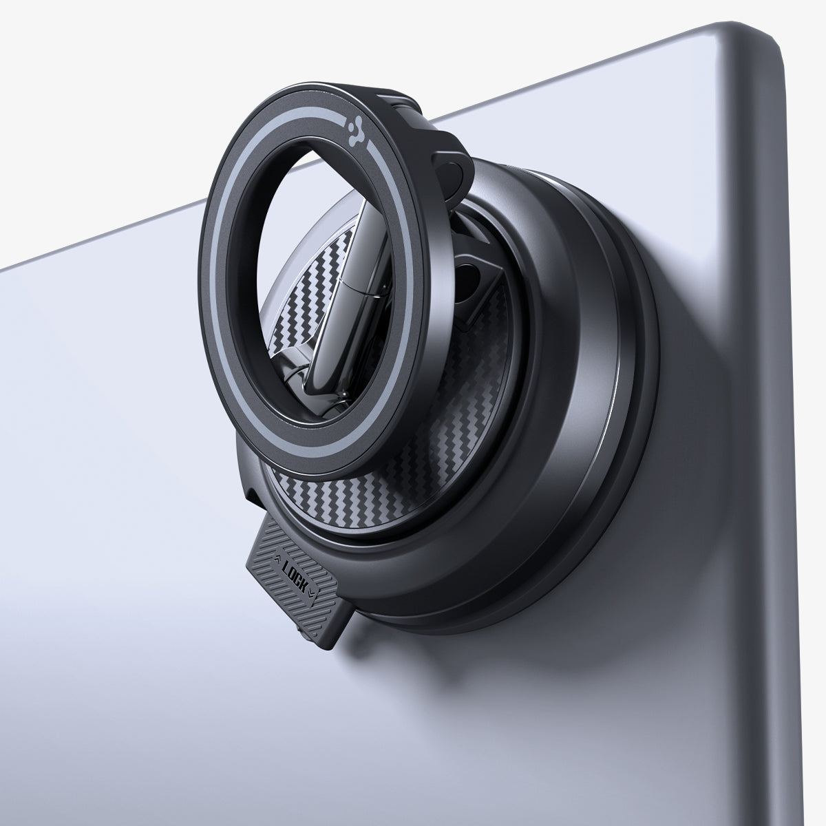 ACP11657 - Close-up of Spigen MagSafe car mount suction cup lock mechanism attached to surface