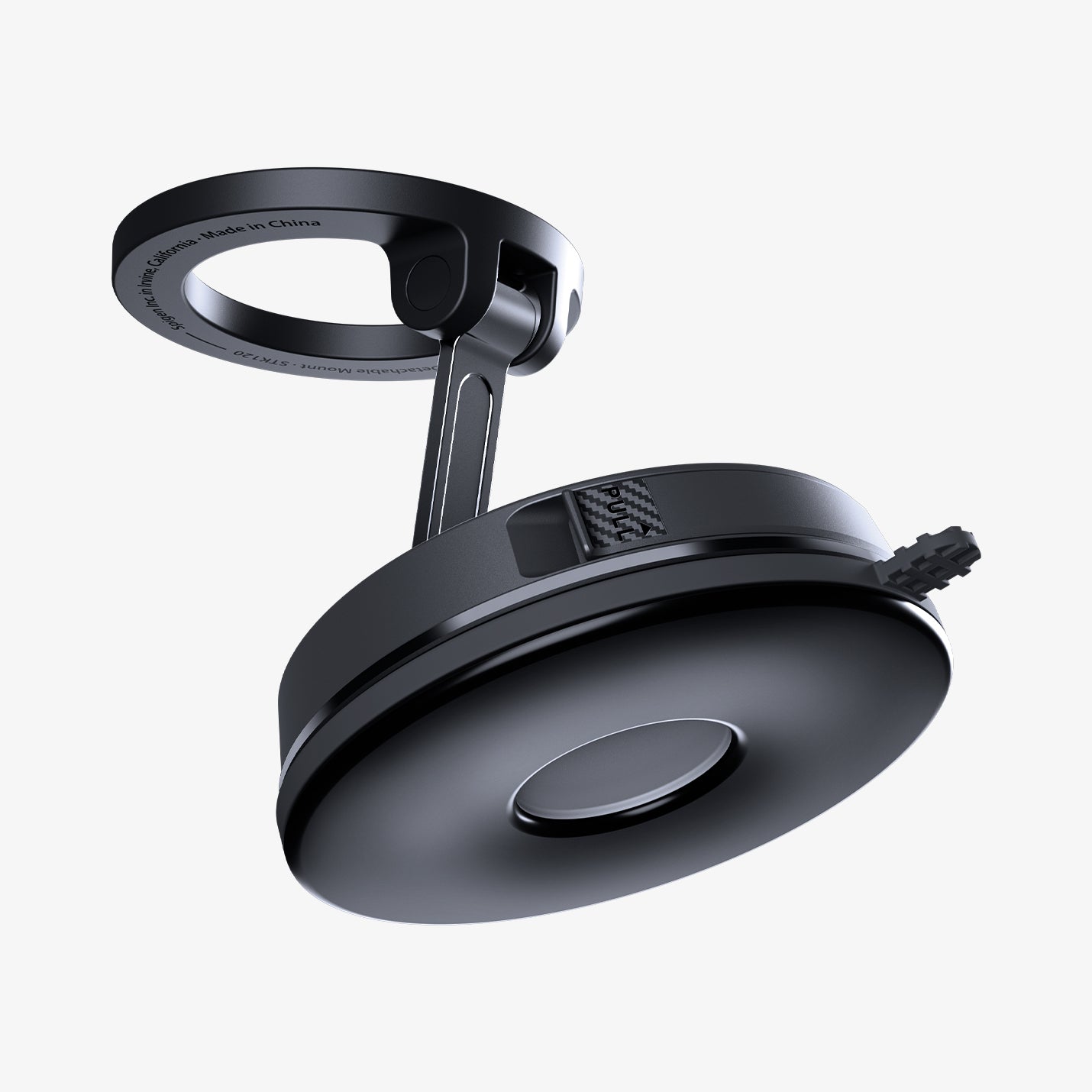 ACP11839 - Spigen STK120 quick release detachable car mount folded down, showing the suction base with pull-release tab and textured edge grip