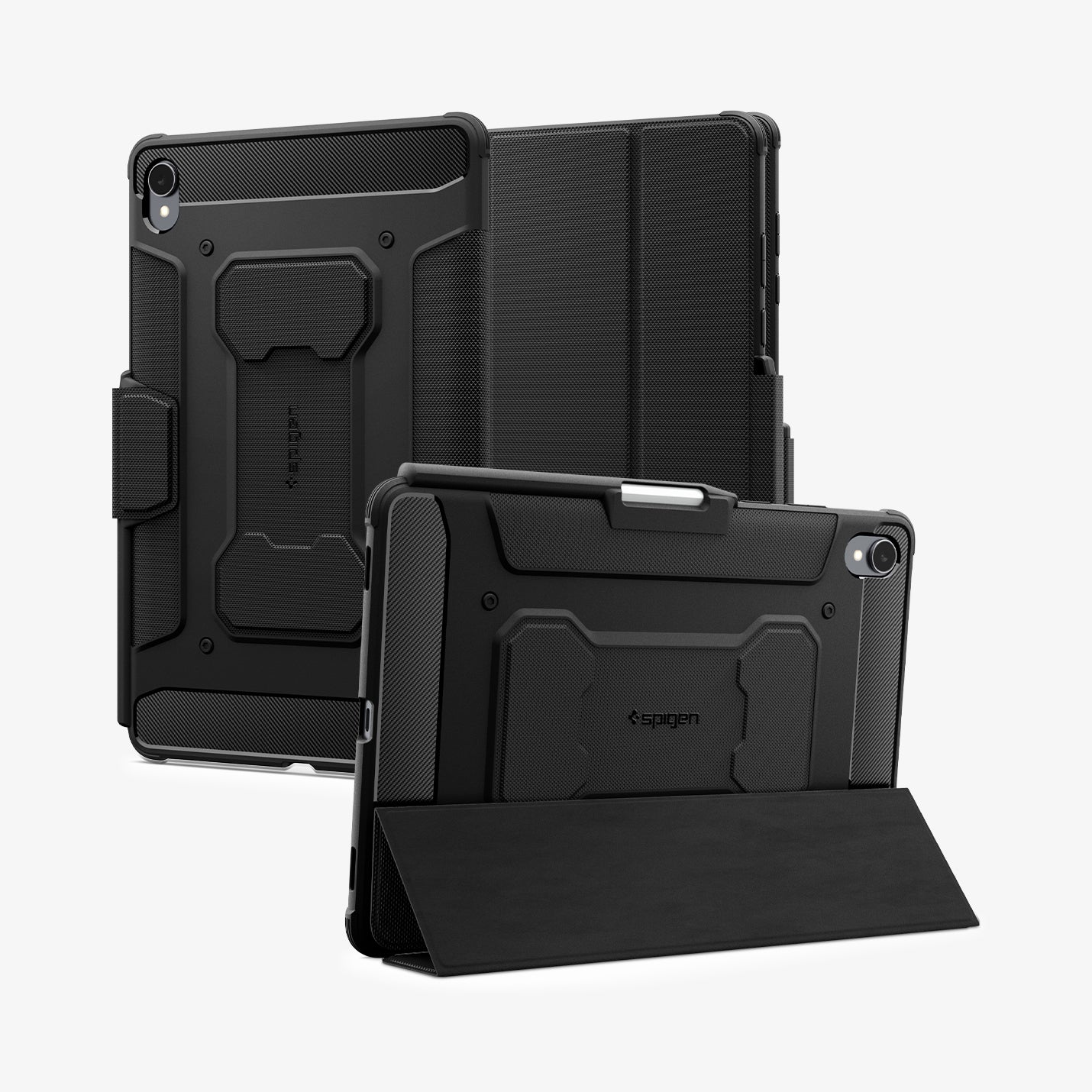 ACS10149 - Galaxy Tab S11 Rugged Armor Pro showing the back, front and device propped up by built in kickstand