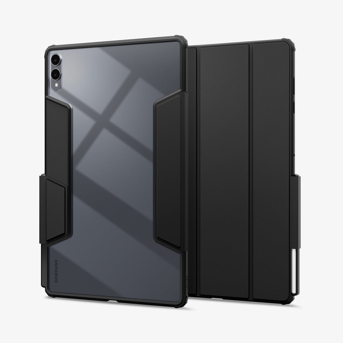 ACS10221 - Galaxy Tab S12 Ultra Air Skin Pro in Black showing front and back views of a tablet case with a clear back panel, protective frame, folding cover, and stylus storage.