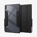 ACS10221 - Galaxy Tab S12 Ultra Air Skin Pro in Black showing front and back views of a tablet case with a clear back panel, protective frame, folding cover, and stylus storage.
