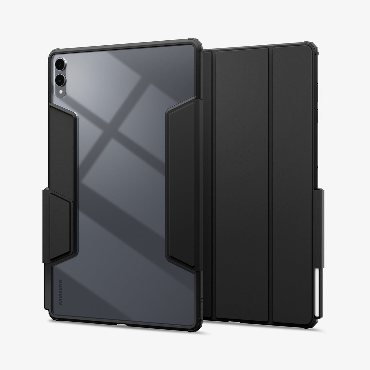 ACS10221 - Galaxy Tab S12 Ultra Air Skin Pro in Black showing front and back views of a tablet case with a clear back panel, protective frame, folding cover, and stylus storage.