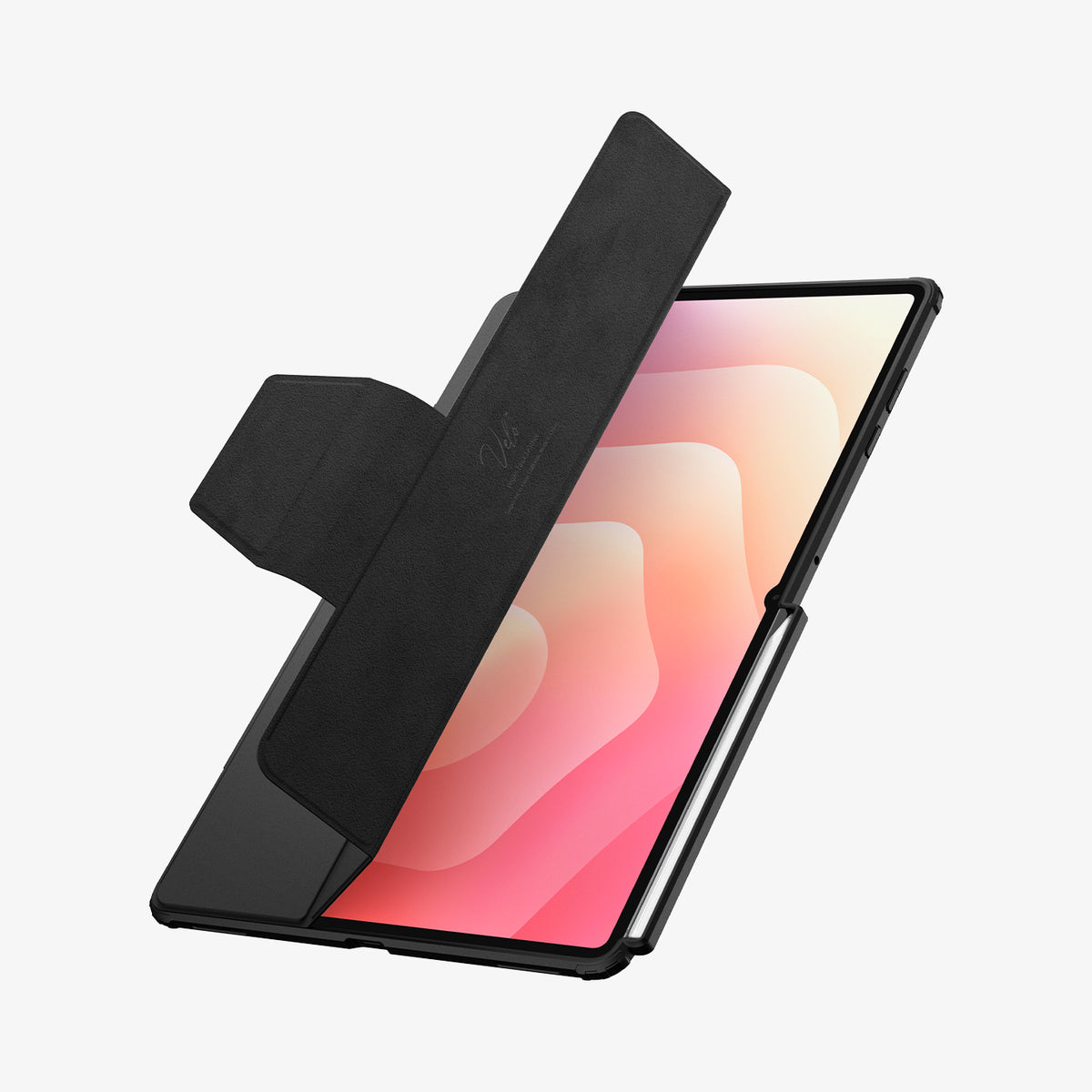 ACS10221 - Galaxy Tab S12 Ultra Air Skin Pro in Black showing a tablet case with the folding cover partially opened across the screen.