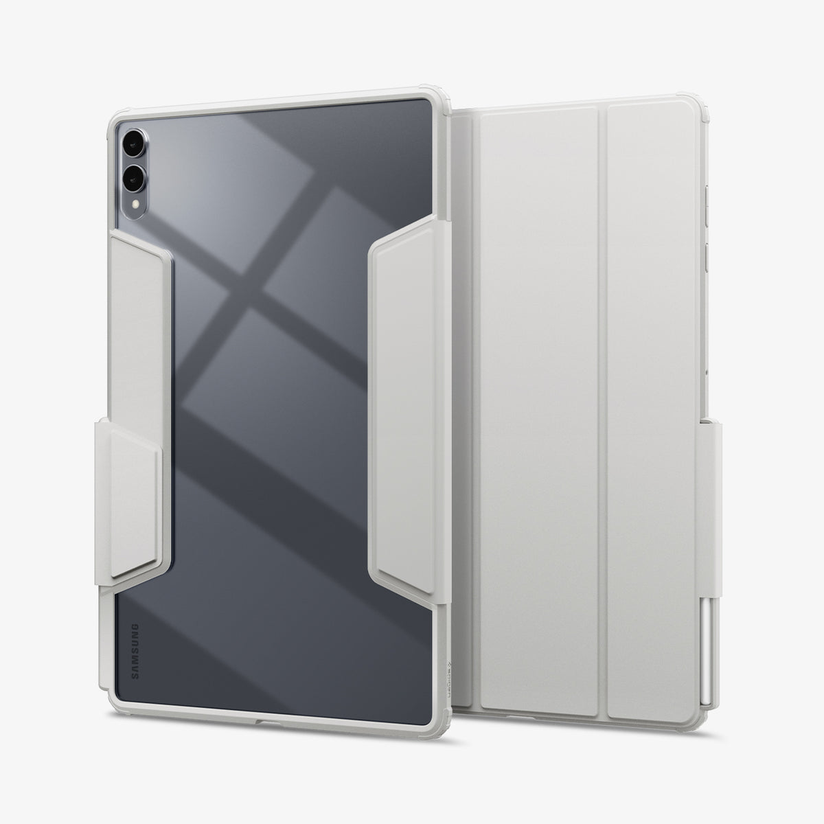 ACS10222 - Galaxy Tab S12 Ultra Air Skin Pro in Gray showing front and back views of a tablet case with a clear back panel, protective frame, folding cover, and stylus storage.