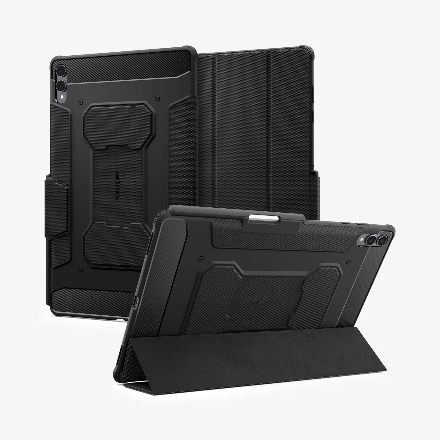 ACS10150 - Galaxy Tab S11 Ultra Rugged Armor Pro showing the back, front and device propped up by built in kickstand