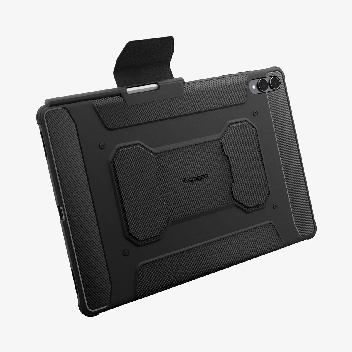 ACS10150 - Galaxy Tab S12 Ultra Rugged Armor Pro showing the back of the tablet case with the folding cover opened and a pen secured along the top edge.