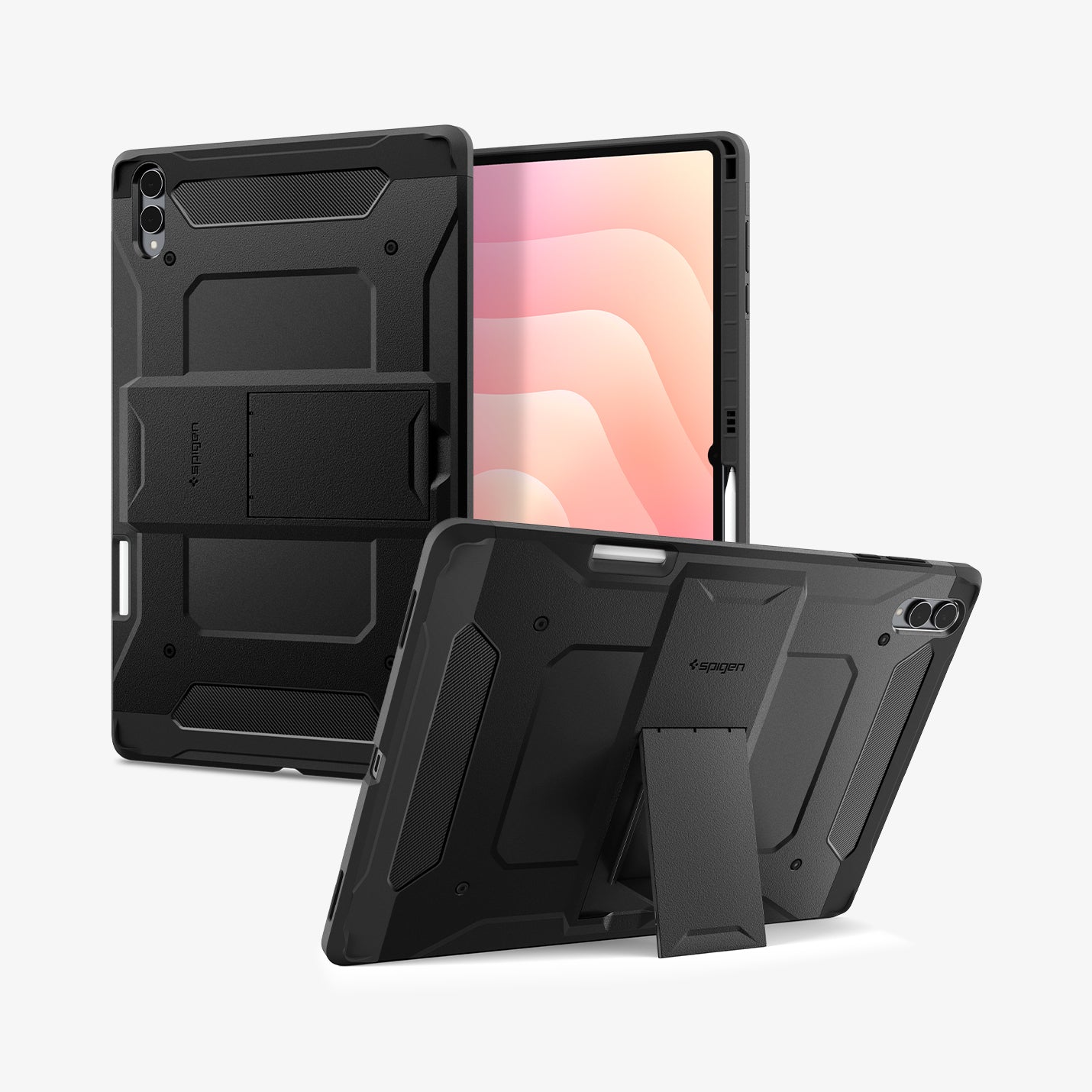 ACS10218 - Galaxy Tab S11 Ultra Series Tough Armor Pro showing the back, front and device propped up by built in kickstand