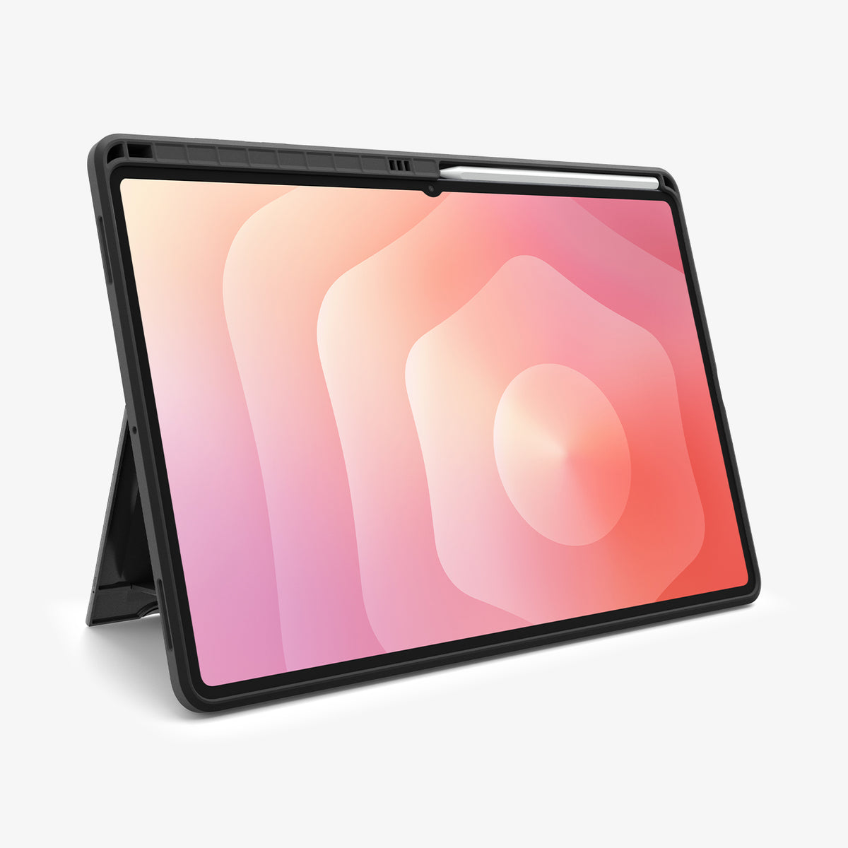 ACS10218 - Galaxy Tab S12 Ultra Tough Armor Pro showing the tablet case standing upright with the built-in kickstand and a stylus stored along the edge.
