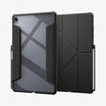 ACS11823 - Galaxy Tab S12+ Air Skin Pro in Black showing front and back views of a folio tablet case with a transparent back panel, geometric folding cover, and stylus storage.