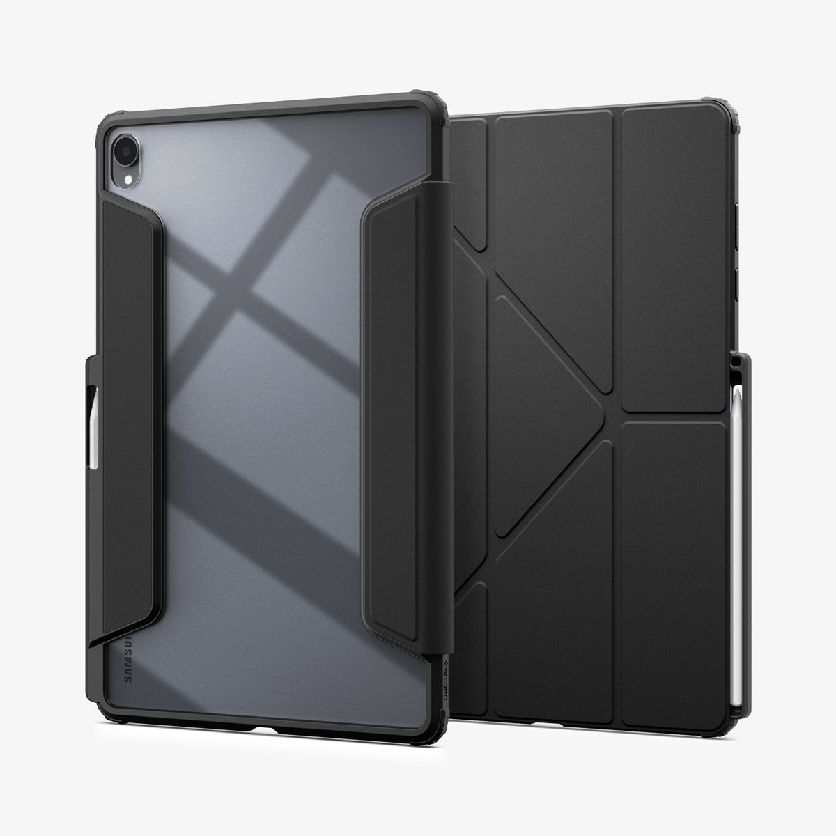 ACS11823 - Galaxy Tab S12+ Air Skin Pro in Black showing front and back views of a folio tablet case with a transparent back panel, geometric folding cover, and stylus storage.