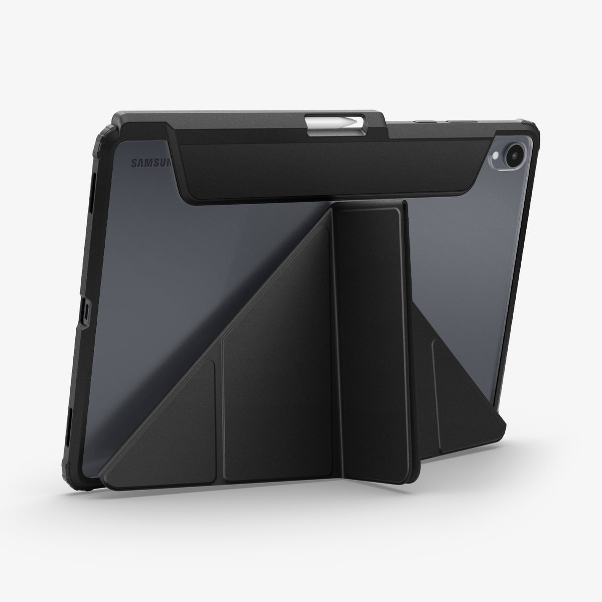 ACS11823 - Galaxy Tab S12+ Air Skin Pro in Black showing the back of a tablet case with the geometric cover folded into a raised stand position.