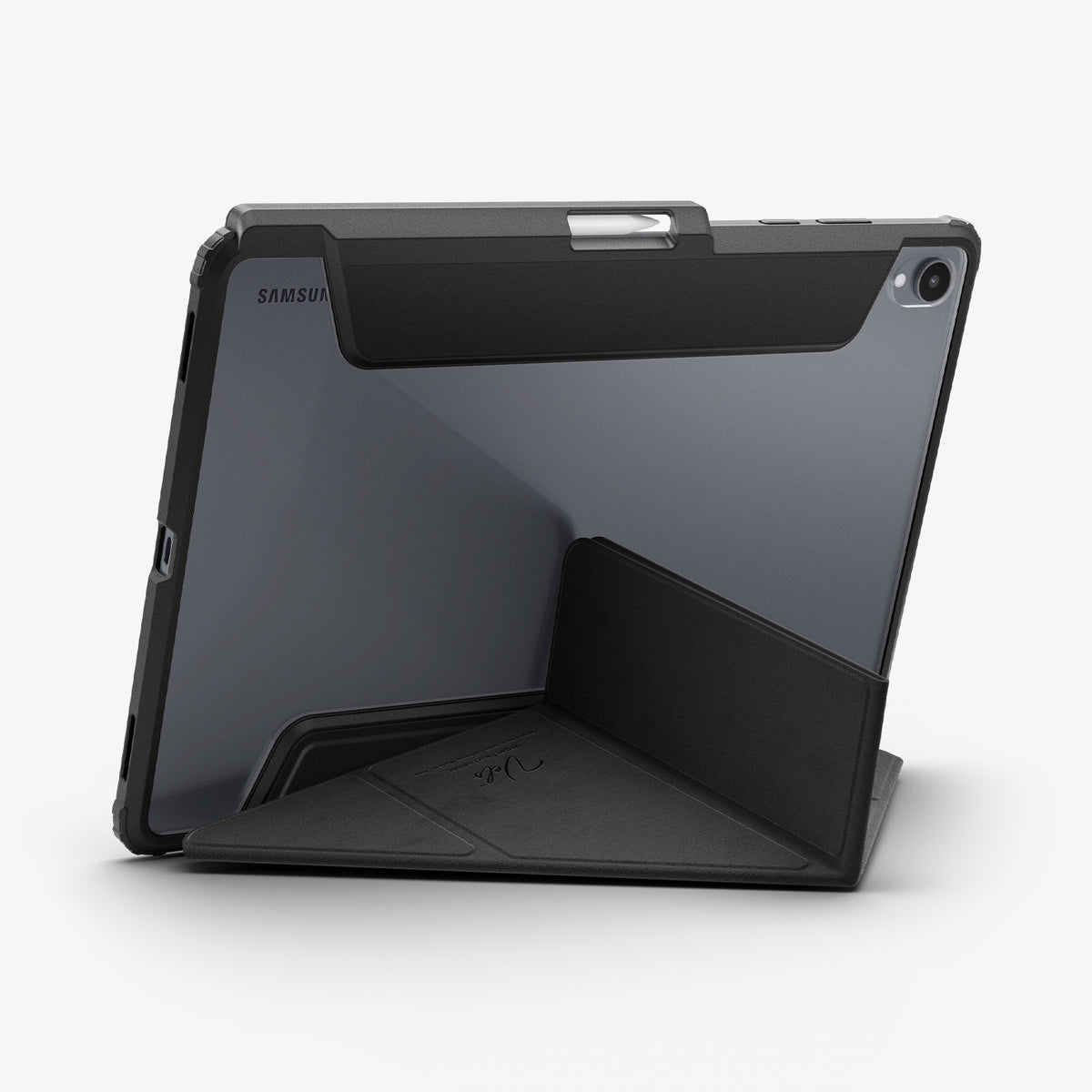 ACS11823 - Galaxy Tab S12+ Air Skin Pro in Black showing the back of a tablet case with the folding cover configured into a low stand position.