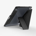 ACS11823 - Galaxy Tab S12+ Air Skin Pro in Black showing the back of a tablet case with the geometric cover folded into an angled stand position.