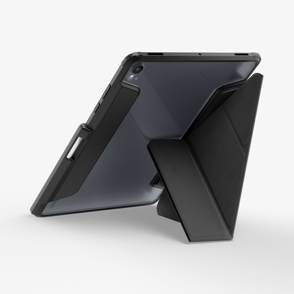 ACS11823 - Galaxy Tab S12+ Air Skin Pro in Black showing the back of a tablet case with the geometric cover folded into an angled stand position.