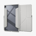 ACS11824 - Galaxy Tab S12+ Air Skin Pro in Gray showing front and back views of a folio tablet case with a transparent back panel, geometric folding cover, and stylus storage.