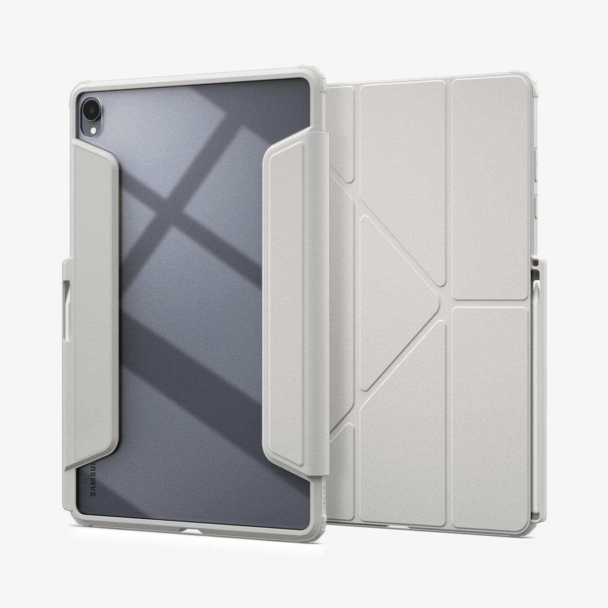 ACS11824 - Galaxy Tab S12+ Air Skin Pro in Gray showing front and back views of a folio tablet case with a transparent back panel, geometric folding cover, and stylus storage.