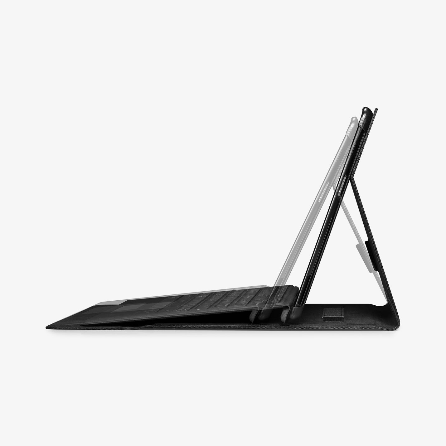 ACS04207 - Microsoft Surface Pro 10 Case Stand Folio in Black showing the side with device propped up by built in stand