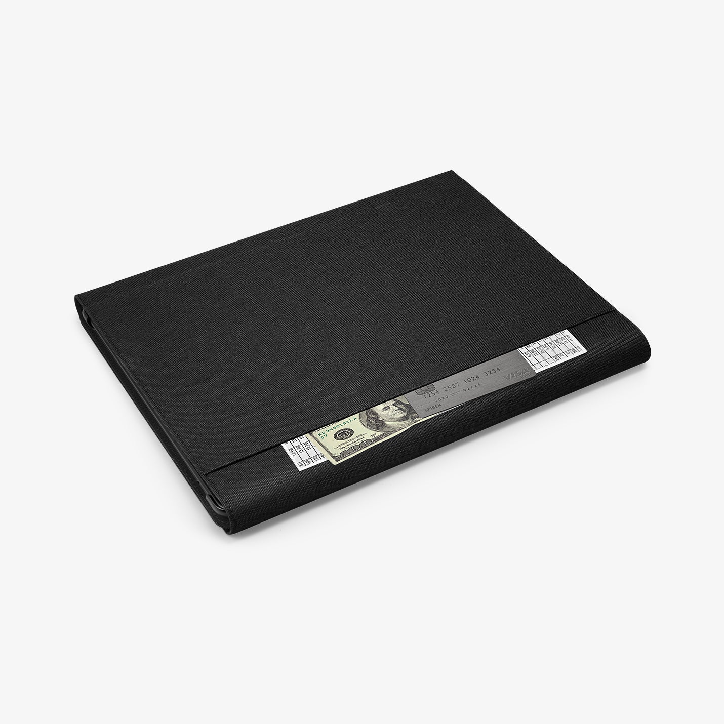 ACS04207 - Microsoft Surface Pro 10 Case Stand Folio in Black showing the back with case and card sticking out of storage slot