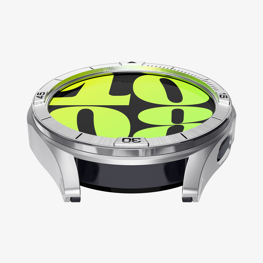ACS08343 - New Galaxy Watch Bezel Tune Pro in Silver showing the partial front and side of an apple watch head without a strap