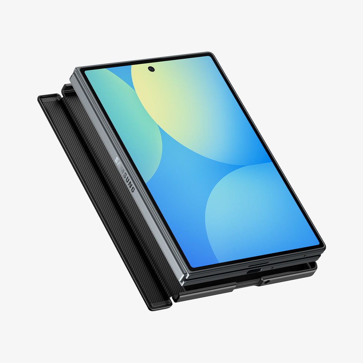 ACS11559 - Galaxy Z Fold 8 Air Fit Pro (Mag Fit) Black showing a top-down angled view of the Galaxy Z Fold 8 folded open with the Air Fit Pro MagFit case, "SAMSUNG" text visible on the hinge bar.