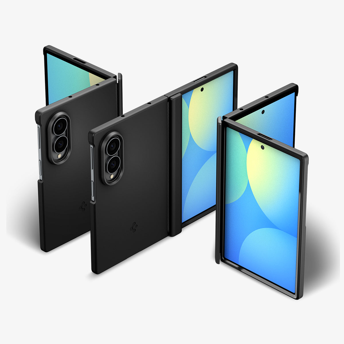 ACS11559 - Galaxy Z Fold 8 Air Fit Pro (Mag Fit) Black showing three Galaxy Z Fold 8 units with the Air Fit Pro MagFit case, folded closed, open at an angle, and folded flat, front and back views.