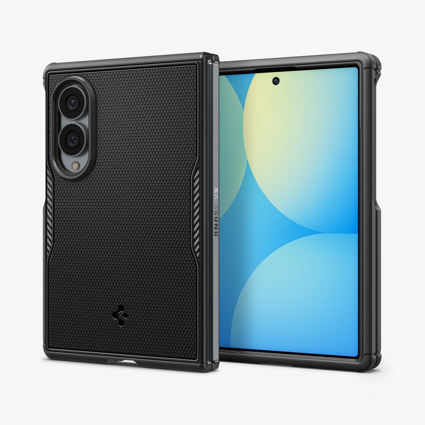 ACS11799 - Galaxy Z Fold 8 Core Armor (Mag Fit) Matte Black showing an angled front and back view of the Galaxy Z Fold 8 with the Core Armor MagFit case, "SAMSUNG" text visible on the hinge bar and screen displaying a blue and yellow gradient.