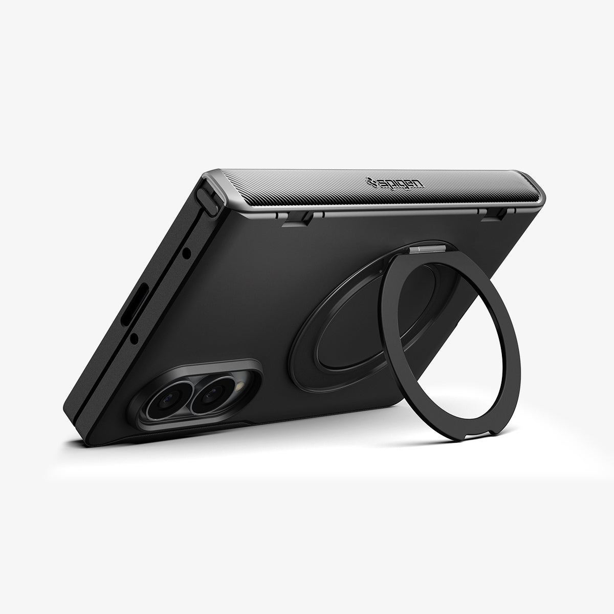 ACS11779 - Galaxy Z Fold 8 Slim Armor Pro S (Mag Fit) Black showing a back angled view of the Galaxy Z Fold 8 with the case propped up on its ring stand, dual camera cutout visible.