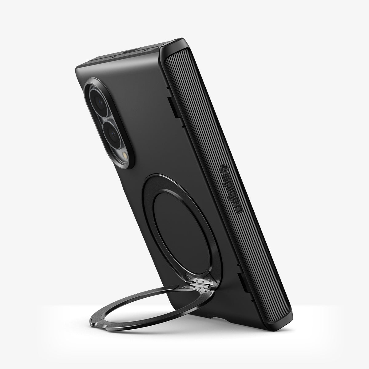 ACS11779 - Galaxy Z Fold 8 Slim Armor Pro S (Mag Fit) Black showing a side profile view of the Galaxy Z Fold 8 with the case propped up on its ring stand at an angle.