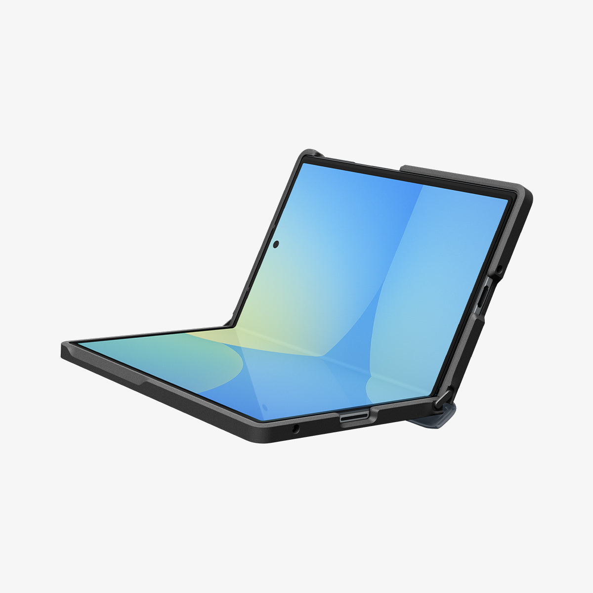 ACS11558 - Galaxy Z Fold 8 Slim Armor Pro (Mag Fit) Metal Slate showing an angled view of the Galaxy Z Fold 8 with the Slim Armor Pro MagFit case, folded open at 90 degrees with the screen displaying a blue and yellow gradient.