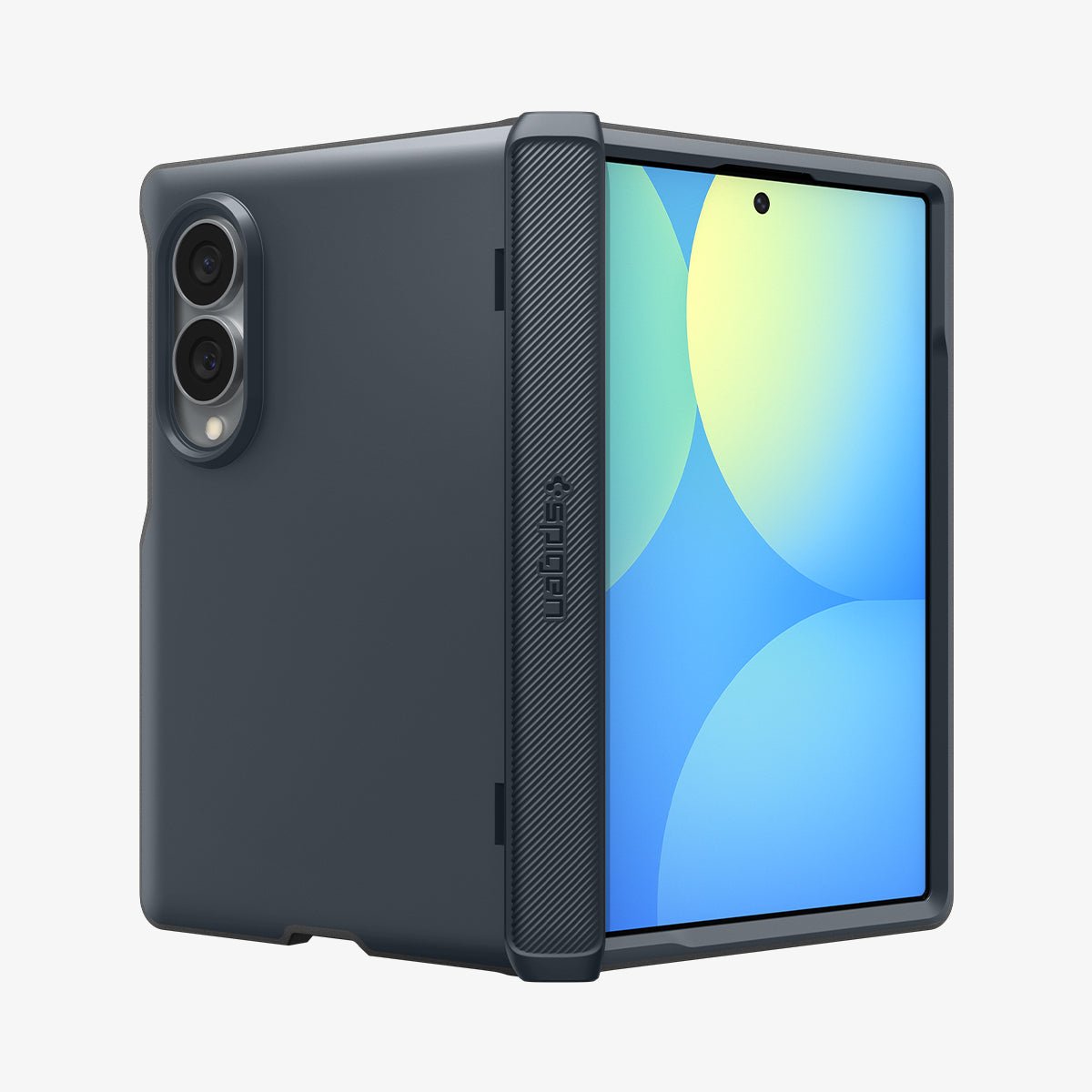 ACS11558 - Galaxy Z Fold 8 Slim Armor Pro (Mag Fit) Metal Slate showing the side profile of the Galaxy Z Fold 8 with the Slim Armor Pro MagFit case, folded open with the "Spigen" text visible on the hinge bar.