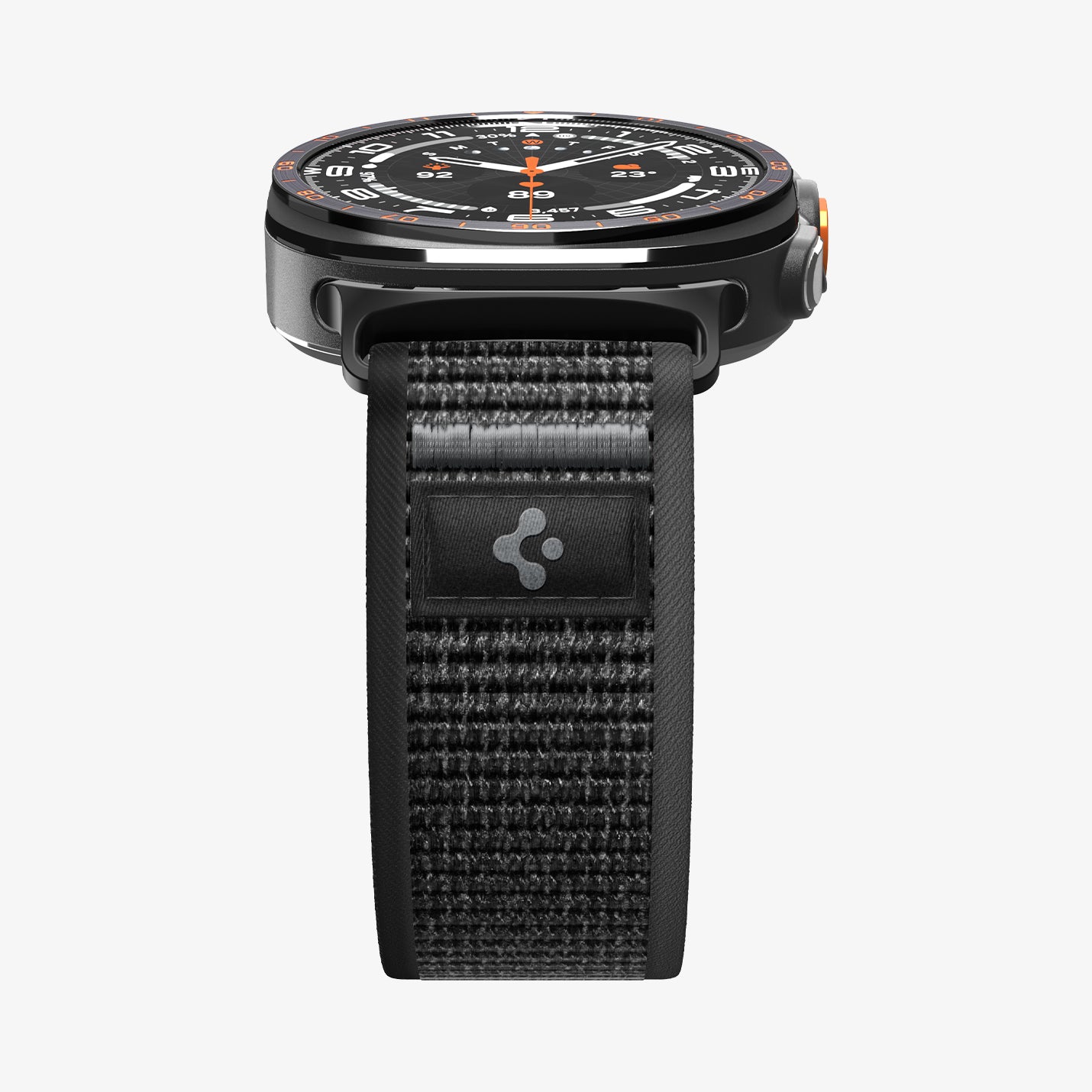 AMP11614 - Galaxy Watch Ultra Series - Athlex Air showing the Galaxy Watch Ultra with the Athlex Air band, front-facing close-up of the case and strap attachment point with the Spigen logo.