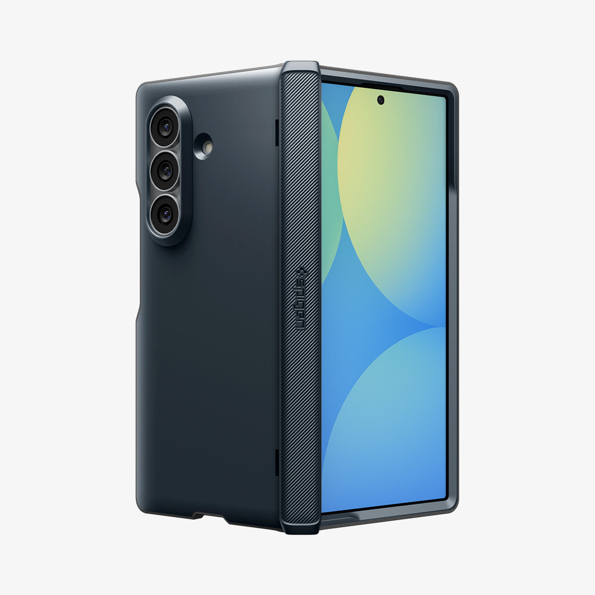 ACS11504 - Galaxy Z Fold 8 Ultra Slim Armor Pro (Mag Fit) Metal Slate showing Galaxy Z Fold 8 Ultra case angled with back camera cutout, front screen, and textured Spigen spine 