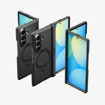 ACS11778 - Galaxy Z Fold 8 Ultra Slim Armor Pro S (Mag Fit) Black showing three Galaxy Z Fold 8 Ultra cases open at different angles with camera cutouts and kickstand rings