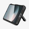 ACS09807 - Galaxy Z Flip 7 FE Series Tough Armor Pro (MagFit) in black showing the front and bottom with devices propped up by built in kickstand