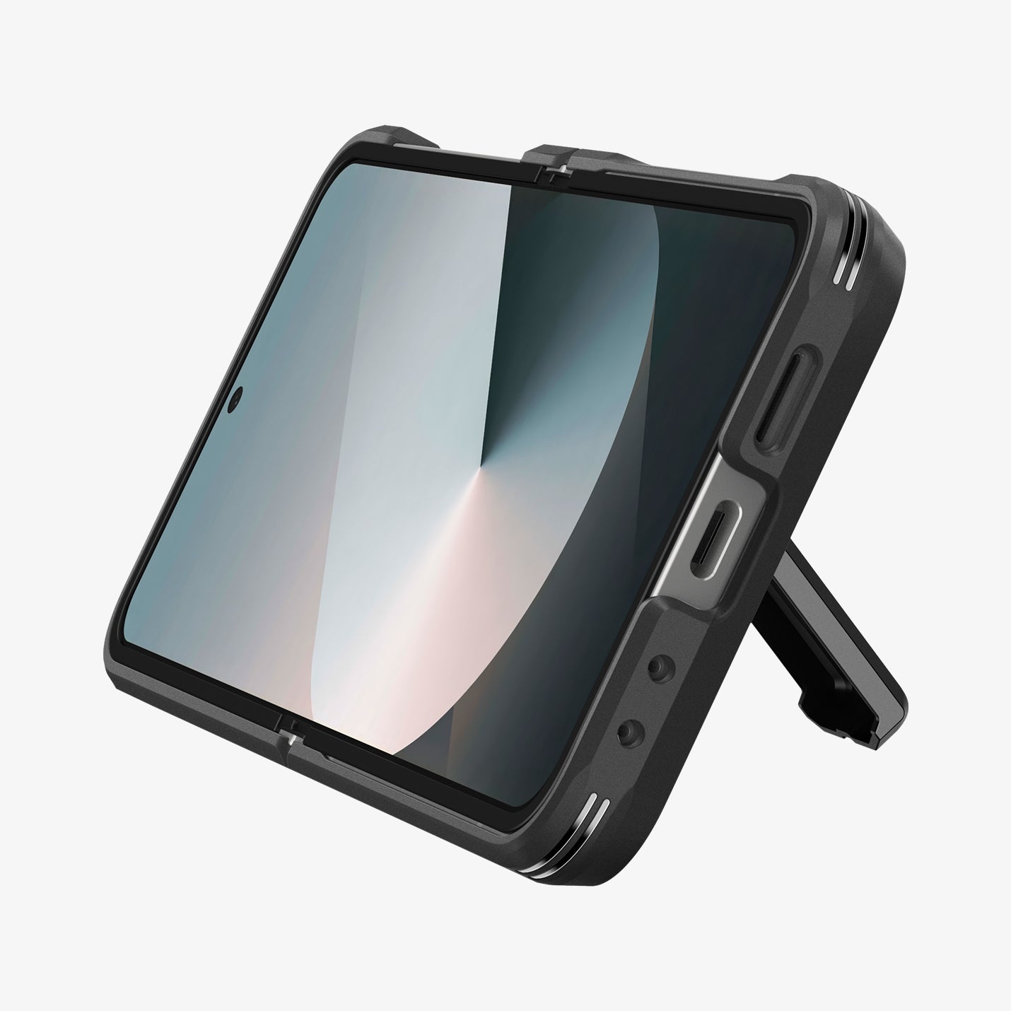 ACS09807 - Galaxy Z Flip 7 FE Series Tough Armor Pro (MagFit) in black showing the front and bottom with devices propped up by built in kickstand