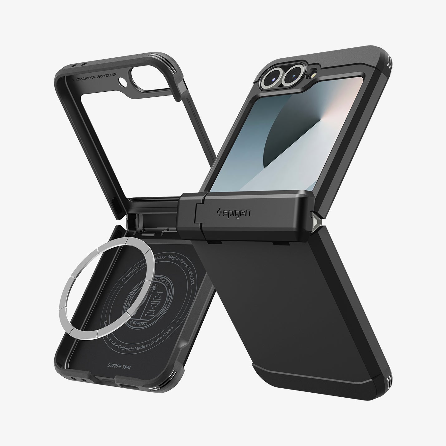 ACS09807 - Galaxy Z Flip 7 FE Series Tough Armor Pro (MagFit) in black showing the back, side and inside of two devices