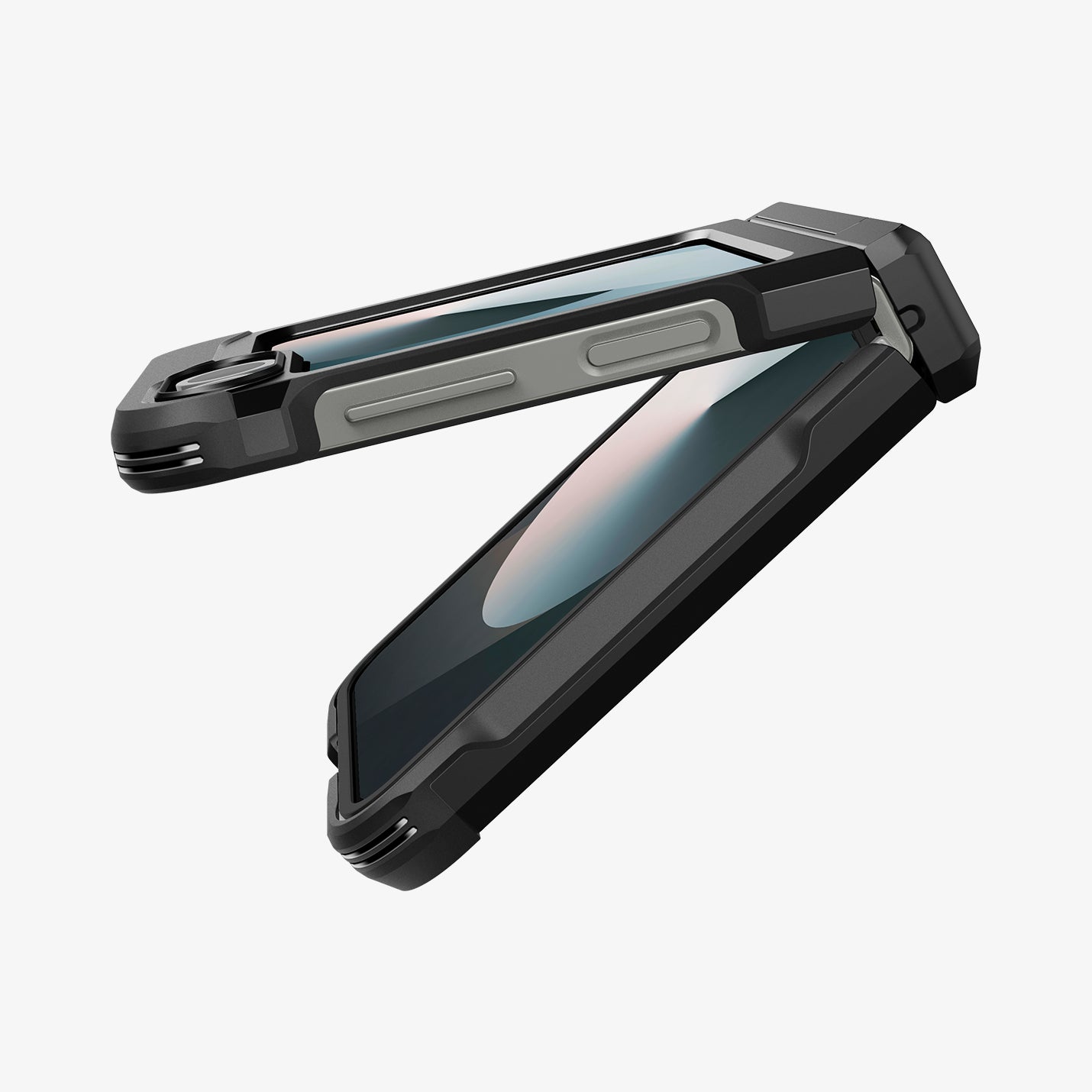 ACS09807 - Galaxy Z Flip 7 FE Series Tough Armor Pro (MagFit) in black showing the side, partial front and back almost fully closed