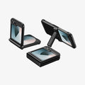 ACS09807 - Galaxy Z Flip 7 FE Series Tough Armor Pro (MagFit) in black showing the back half folded, back folded, front full open and partial sides of 3 devices