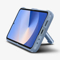 ACS09808 - Galaxy Z Flip 7 FE Series Tough Armor Pro (MagFit) in Sierra Blue showing the front and bottom with devices propped up by built in kickstand