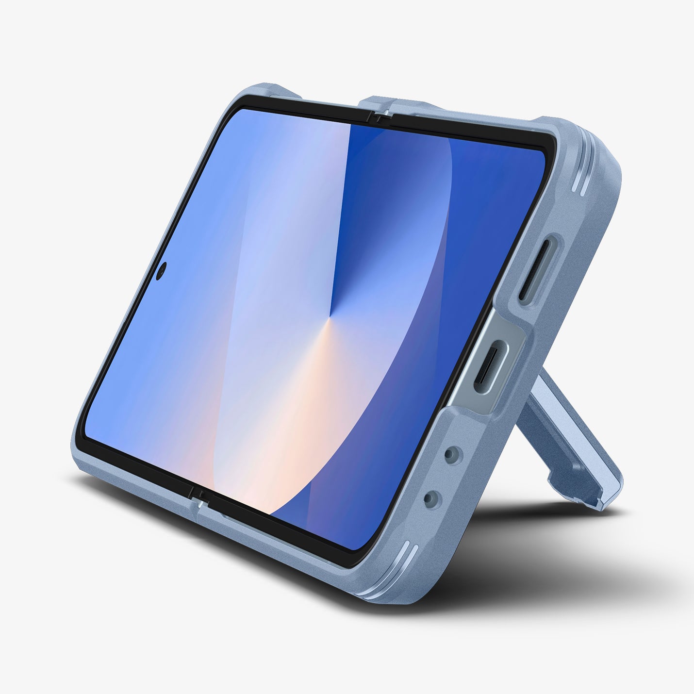 ACS09808 - Galaxy Z Flip 7 FE Series Tough Armor Pro (MagFit) in Sierra Blue showing the front and bottom with devices propped up by built in kickstand