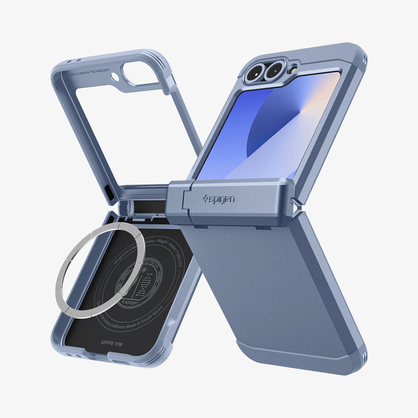 ACS09808 - Galaxy Z Flip 7 FE Series Tough Armor Pro (MagFit) in Sierra Blue showing the back, side and inside of two devices