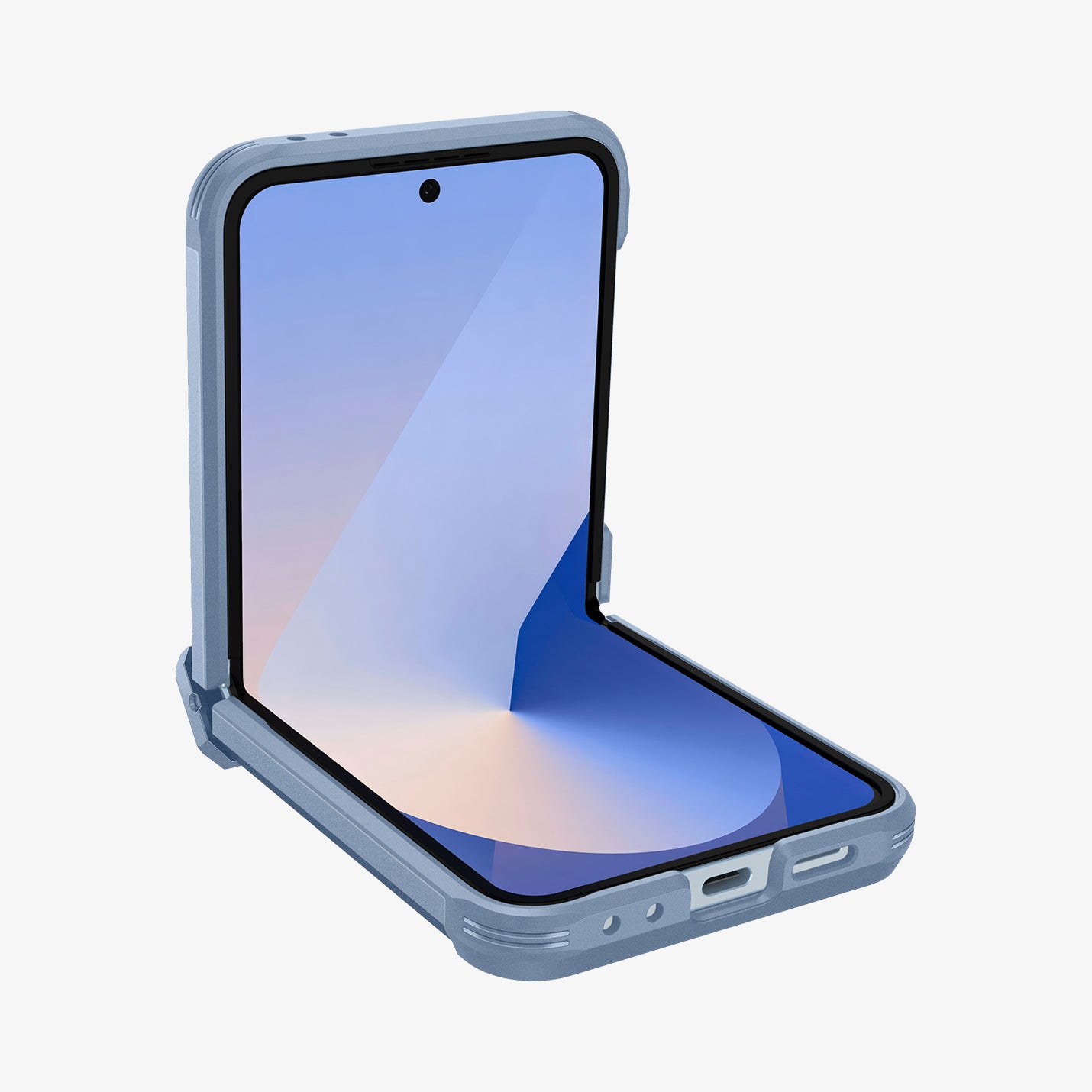ACS09808 - Galaxy Z Flip 7 FE Series Tough Armor Pro (MagFit) in Sierra Blue showing the front, side and bottom with device half open