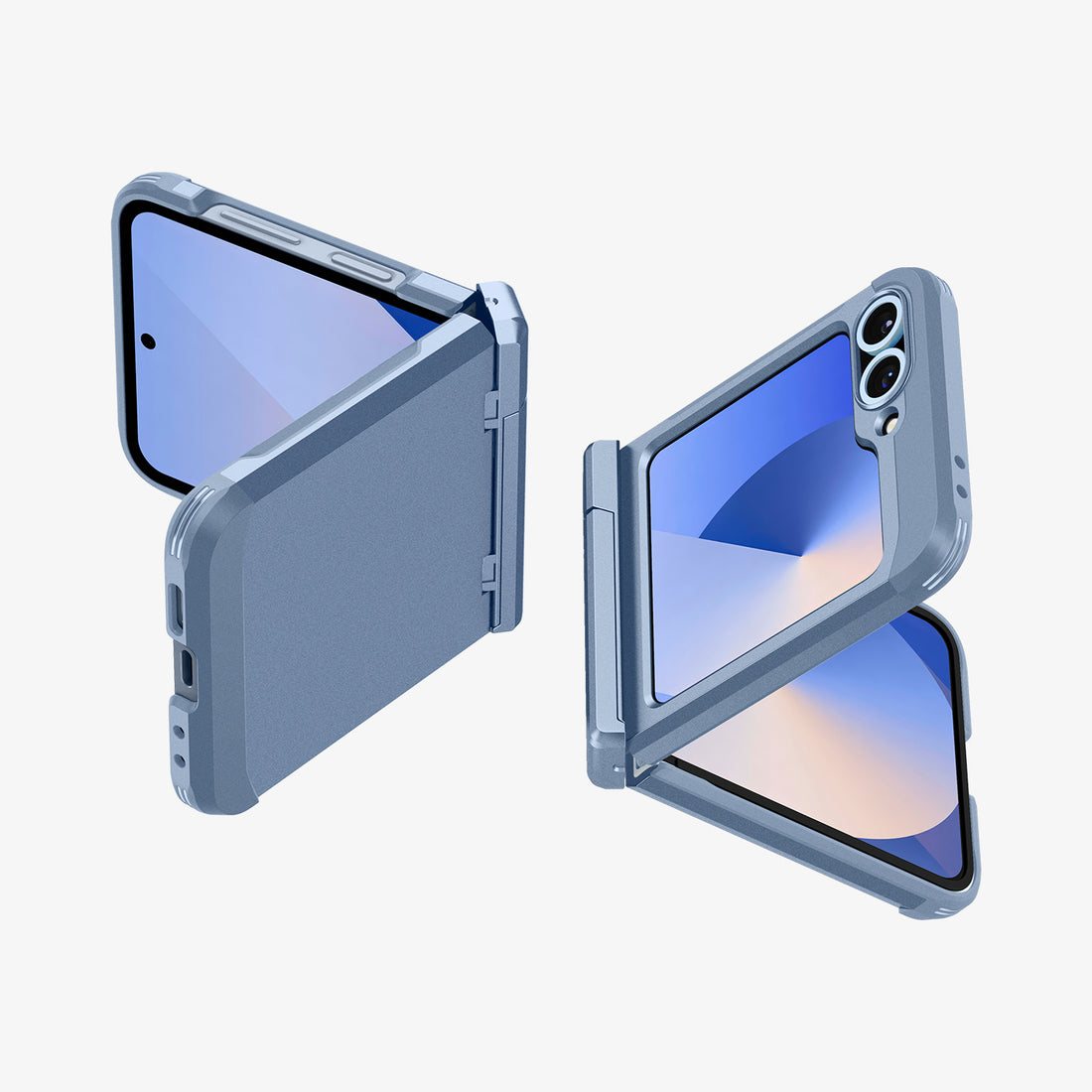 ACS09808 - Galaxy Z Flip 6 Series Tough Armor Pro (MagFit) in Sierra Blue showing the back, partial front of two devices partially folded