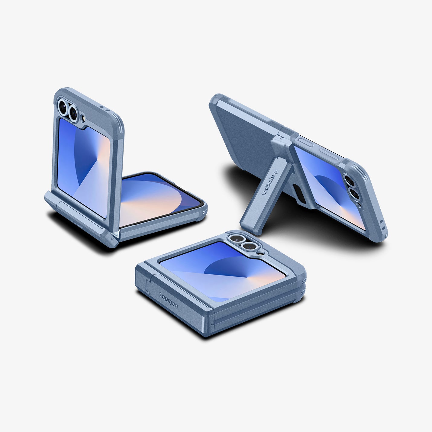 ACS09808 - Galaxy Z Flip 7 FE Series Tough Armor Pro (MagFit) in Sierra Blue showing the back half folded, back folded, front full open and partial sides of 3 devices