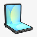 ACS09561 - Galaxy Z Flip 7 Case Tough Armor Pro (MagFit) in black showing the front, side and bottom with device half open