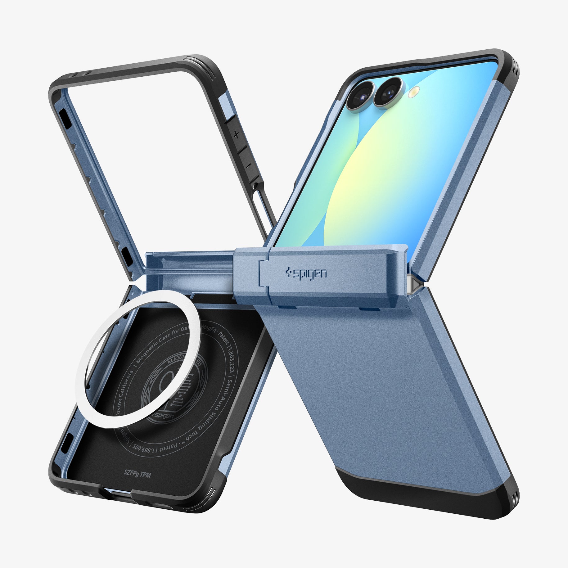 ACS09562 - Galaxy Z Flip 7 Case Tough Armor Pro (MagFit) in sierra blue showing the back, side and inside of two devices