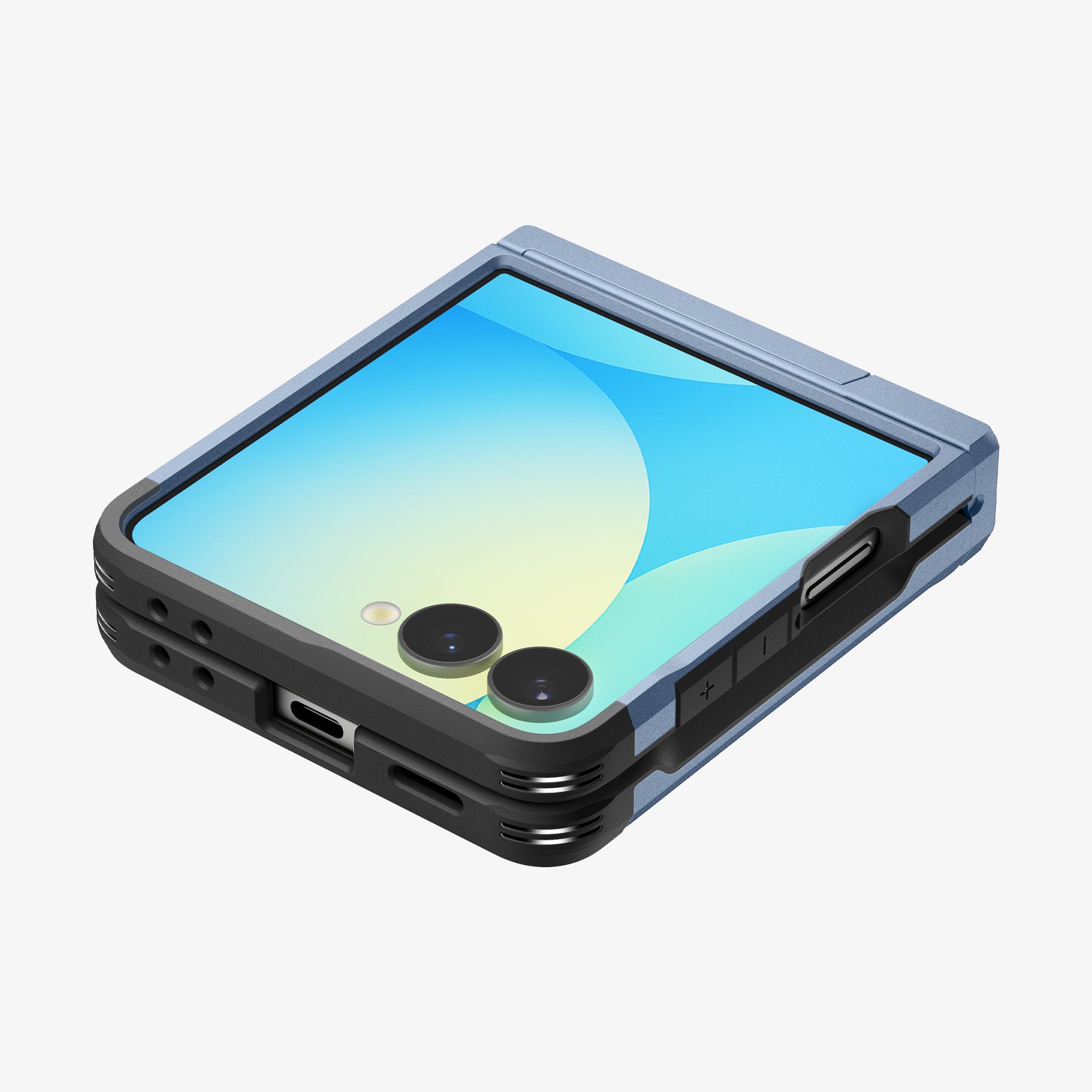 ACS09562 - Galaxy Z Flip 7 Case Tough Armor Pro (MagFit) in sierra blue showing the back, side and top with device folded