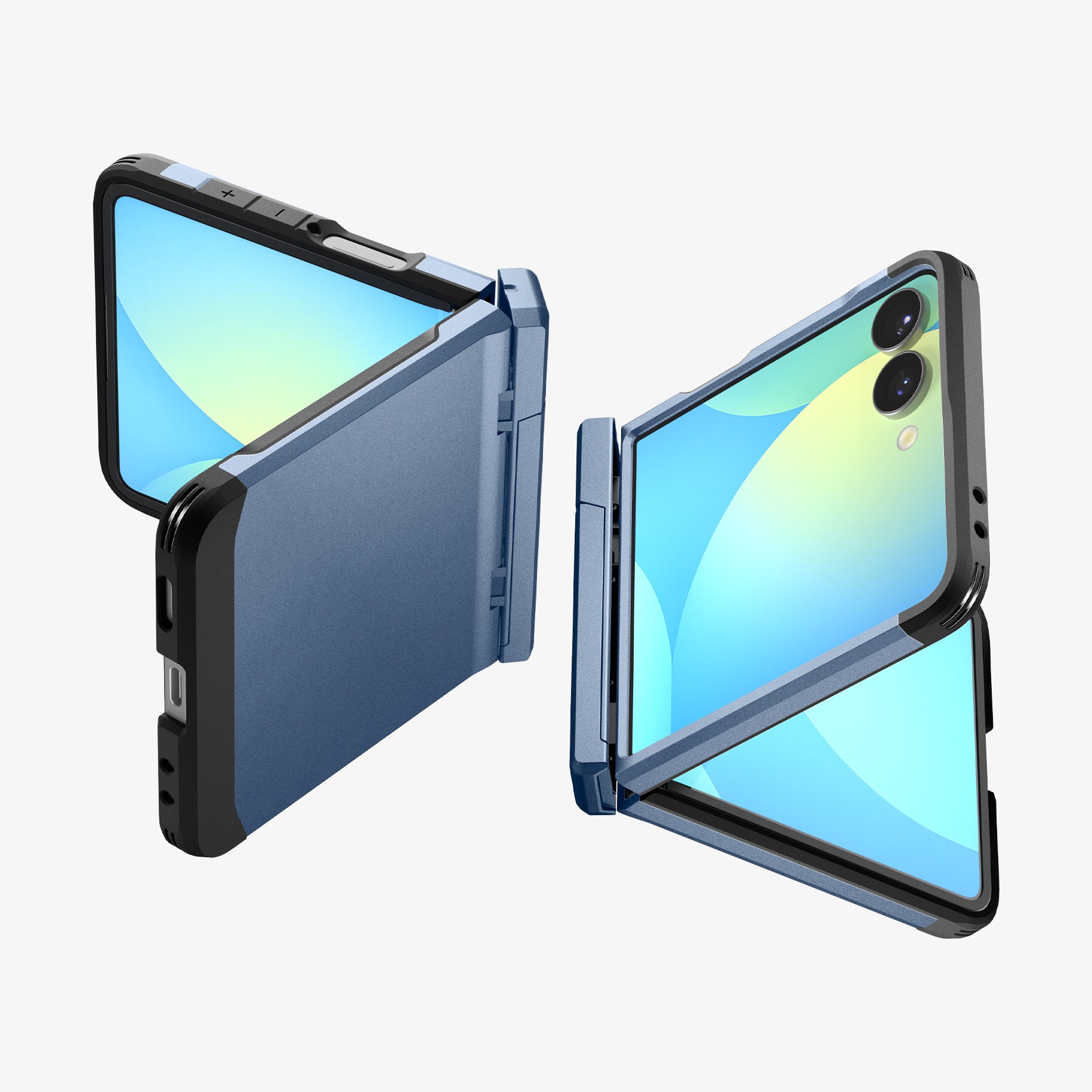 ACS09562 - Galaxy Z Flip 7 Case Tough Armor Pro (MagFit) in sierra blue showing the front, back and sides of two devices
