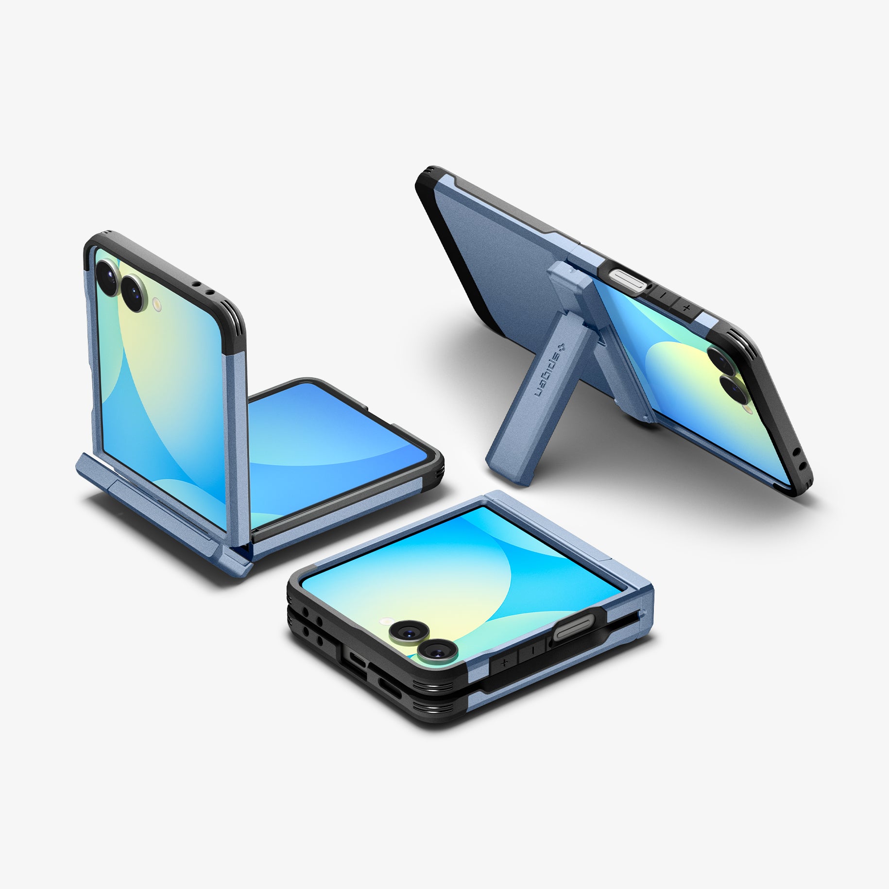 ACS09562 - Galaxy Z Flip 7 Case Tough Armor Pro (MagFit) in sierra blue showing the front, back and sides of multiple devices