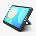 ACS09562 - Galaxy Z Flip 7 Case Tough Armor Pro (MagFit) in sierra blue showing the front and bottom with device propped up by built in kickstand